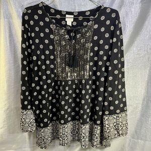 CHICO'S Beaded Boho Tassel Top Blouse Women's Size 3
